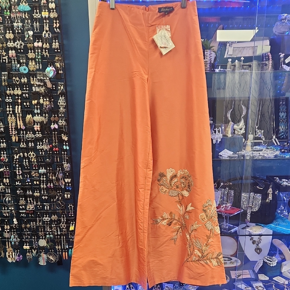 Luisa Spagnoli Orange Floral Embroidered Flare Pants Size 40 (D1)